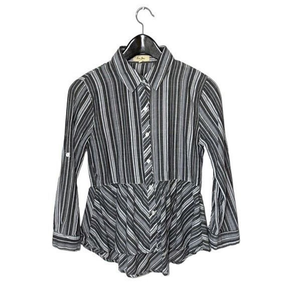 Love Notes Womens Button Up Top Blouse Striped Peplum‎ Long Sleeve Gray Medium